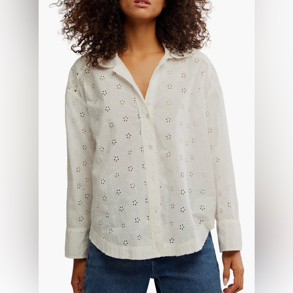 Free People Cream Eyelet Button-Up Blouse